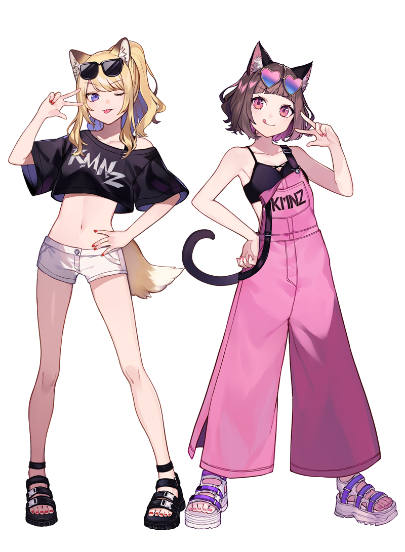 2girls, :q, animal_ears, armpits, bare_shoulders, black_bra, black_shirt, blonde_hair
