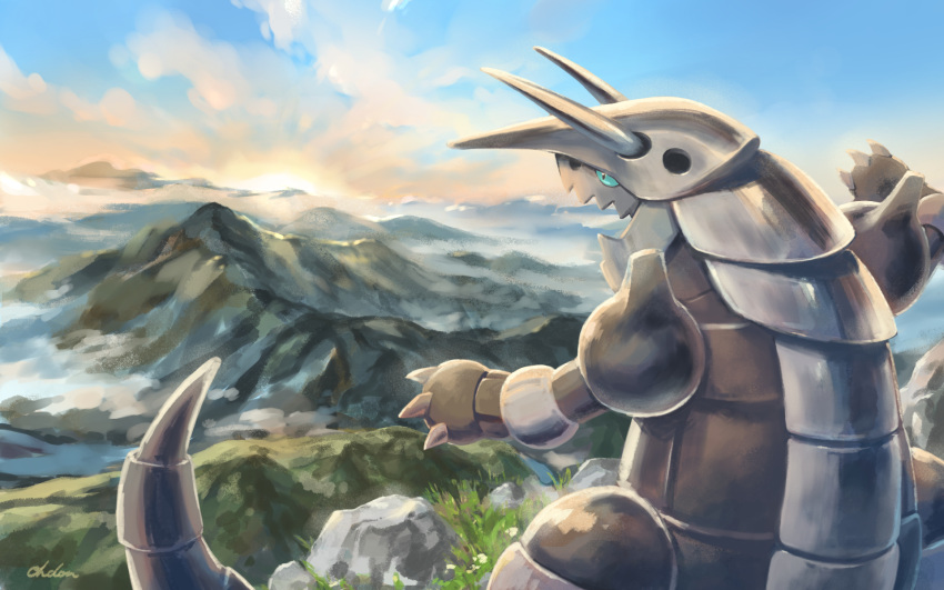 aggron, aqua_sclera, black_eyes, clouds, commentary_request, day, gen_3_pokemon, highres, horns, mountain, no_humans, ohdon, open_mouth, outdoors, pokemon, pokemon_(creature), rock, sky, solo, standing, sun
