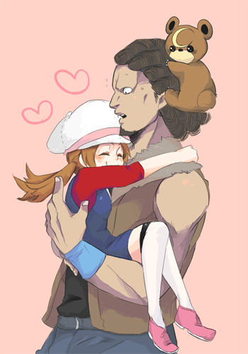 1boy, 1girl, arm_around_shoulder, biker_(pokemon), blue_overalls, blush, bousouzoku, brown_hair, carrying, closed_eyes, commentary_request, eyelashes, gen_2_pokemon, hat, heart, kotone_(pokemon), lowres, on_head, over-kneehighs, overalls, pink_background, pink_footwear, pokemon, pokemon_(creature), pokemon_(game), pokemon_hgss, pokemon_on_head, shoes, size_difference, sleeves_past_elbows, smile, teddiursa, thigh-highs, tied_hair, twintails, white_headwear, white_legwear, yotsu_(ijigen)