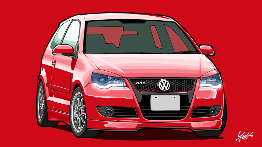 absurdres, car, ground_vehicle, highres, motor_vehicle, no_humans, original, red_background, shadow, signature, solo, vehicle_focus, volkswagen, volkswagen_golf_gti, yuh_7929