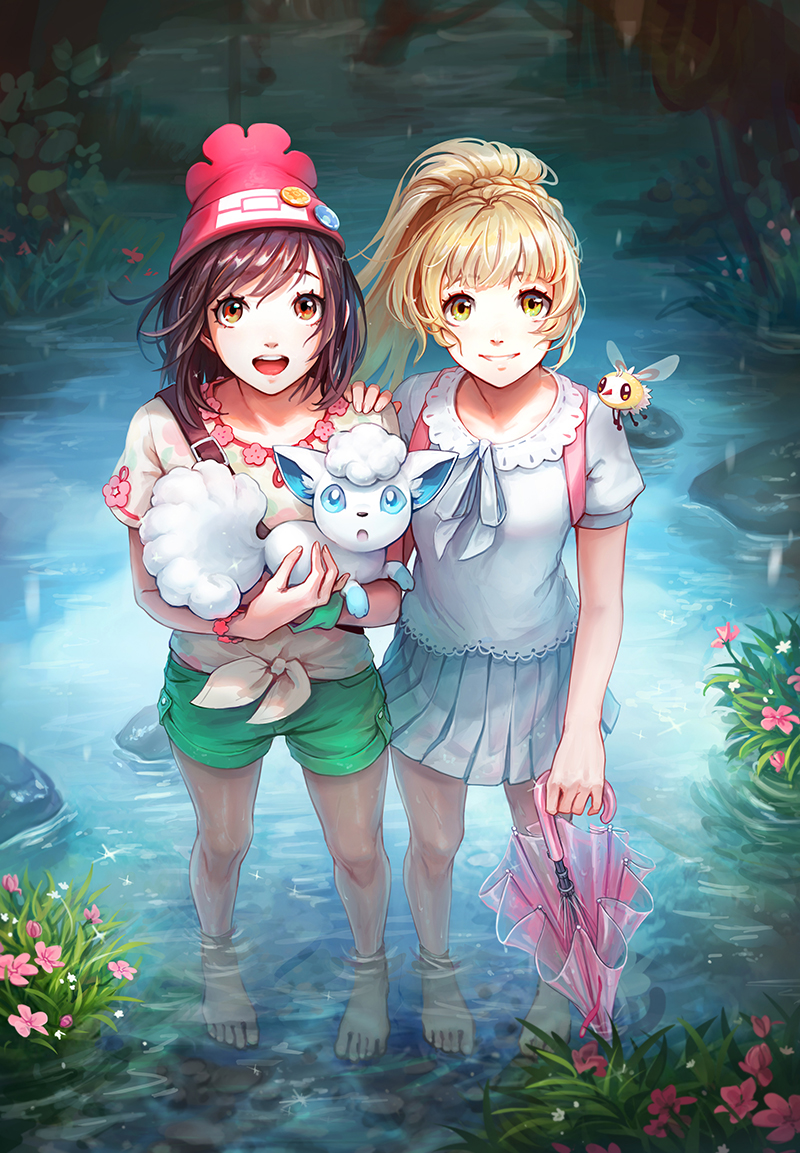 2girls, alolan_form, alolan_vulpix, barefoot, black_hair, blonde_hair, blouse, brown_eyes