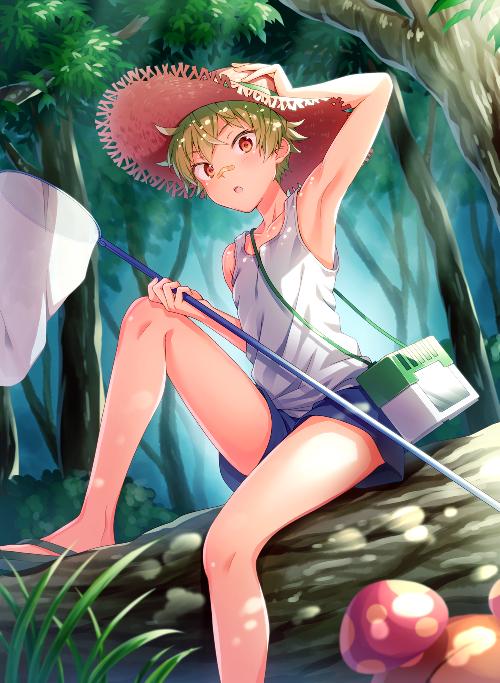 1boy, :o, arm_up, armpits, bangs, blue_shorts, bug_catcher_(pokemon), butterfly_net, collarbone, commentary_request, eyebrows_visible_through_hair, fallen_tree, gen_1_pokemon, green_hair, grey_tank_top, hand_net, hand_on_headwear, hat, highres, holding_butterfly_net, light_beam, paras, pink_headwear, pokemon, pokemon_(creature), red_eyes, sandals, shorts, sitting, solo, straw_hat, tank_top, tree, yaegorou
