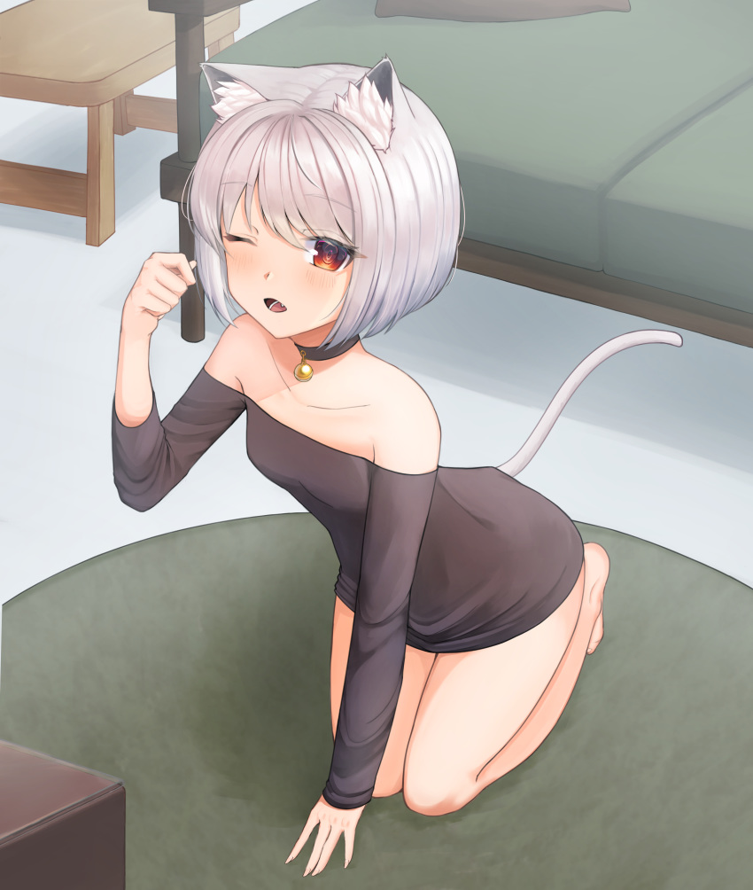 1girl, ;o, absurdres, animal_ear_fluff, animal_ears, bangs, bare_legs, bare_shoulders