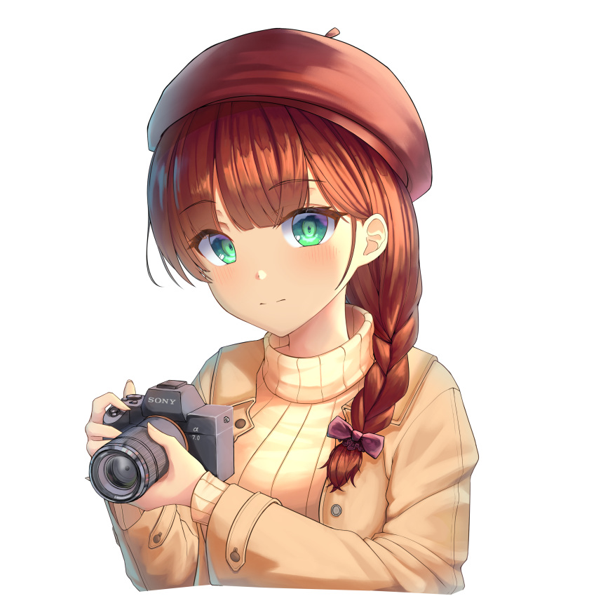 1girl, absurdres, bangs, beige_coat, beige_sweater, blush, bow, braid