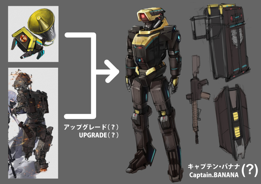 absurdres, character_sheet, cyclops_(girls_frontline), fusion, girls_frontline, glowing, glowing_eye, gun, highres, red_eyes, reference_photo, ro635, ro635_(dinergate), robot, sketch, tama_yu, weapon