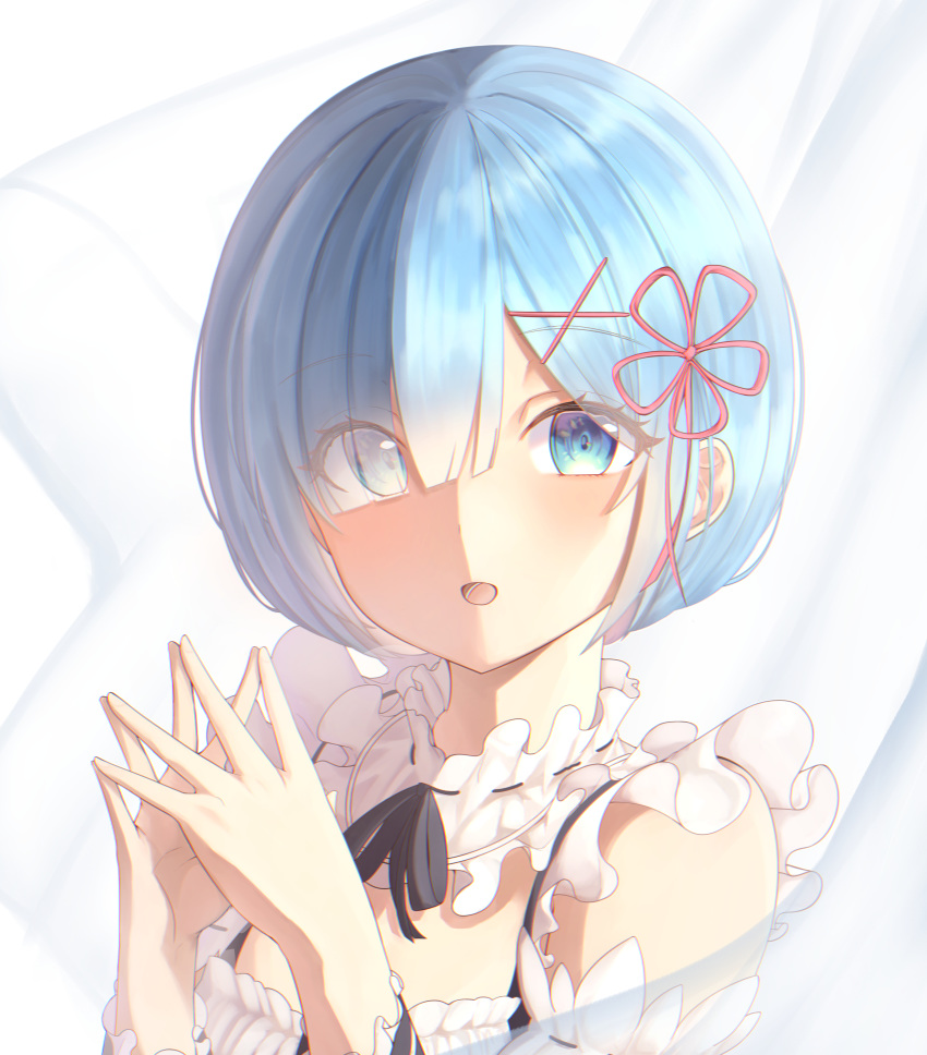 1girl, :o, absurdres, bangs, bare_shoulders, black_ribbon, blue_eyes, blue_hair
