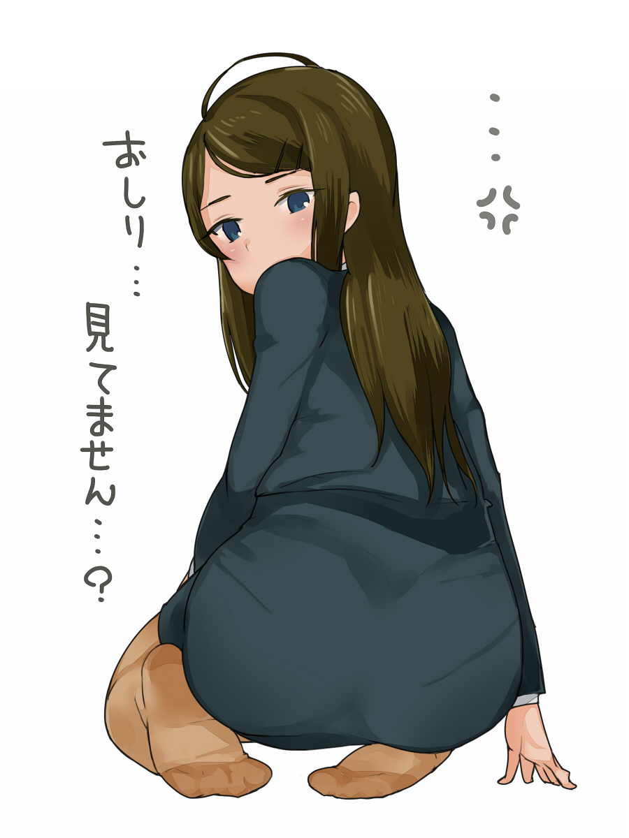 1girl, black_skirt, black_suit, blue_eyes, brown_hair, brown_legwear, glasses, hair_ornament