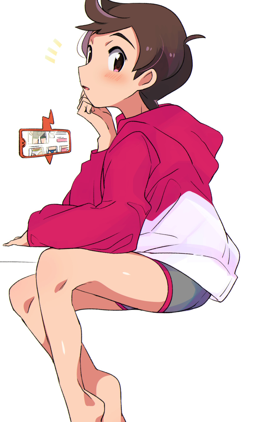 /\/\/\, 1boy, barefoot, blush, briefs, brown_eyes, brown_hair, chokutsuu_(menino), feet, gen_4_pokemon, highres, hood, hoodie, looking_at_viewer, masaru_(pokemon), pokemon, pokemon_(game), pokemon_swsh, rotom, rotom_phone, shopping, simple_background, sitting, solo, underwear, white_background