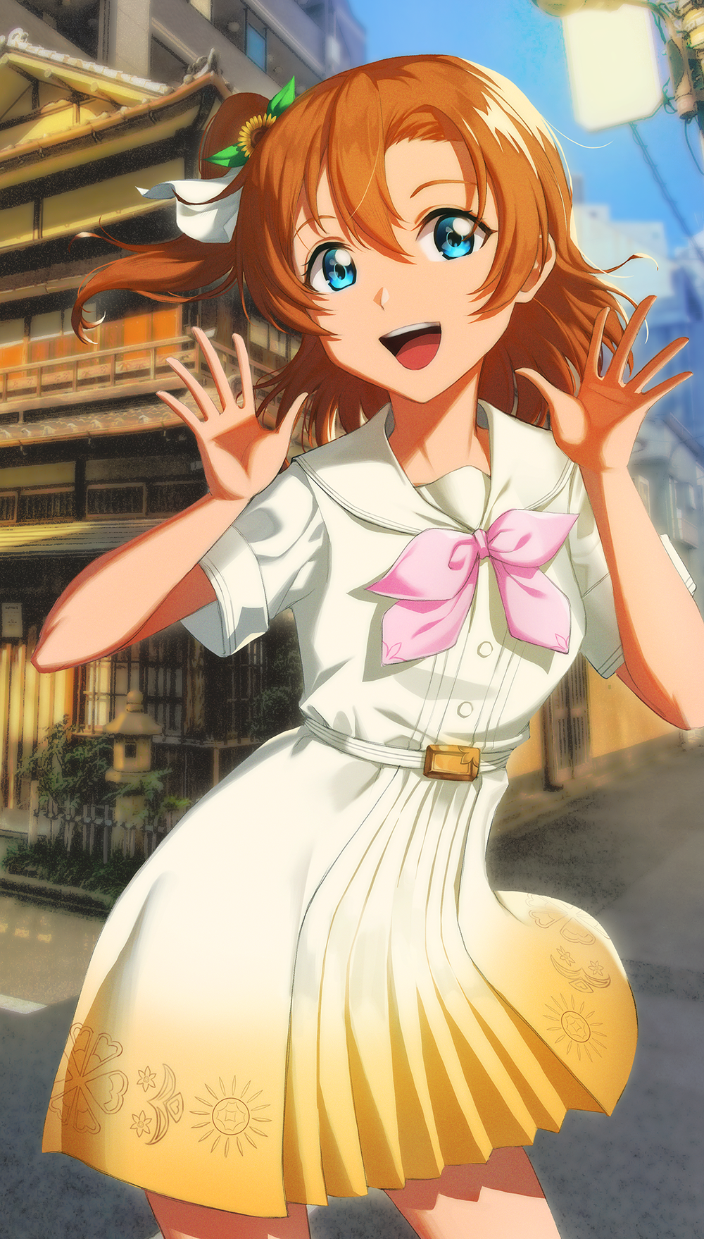 1girl, a_song_for_you!_you?_you!, blue_eyes, corsetman, dress, hands_up, highres, kousaka_honoka