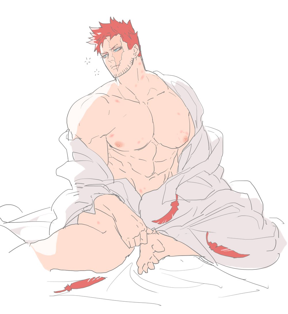 1boy, abs, alternate_costume, annoyed, bara, beard, blue_eyes, boku_no_hero_academia
