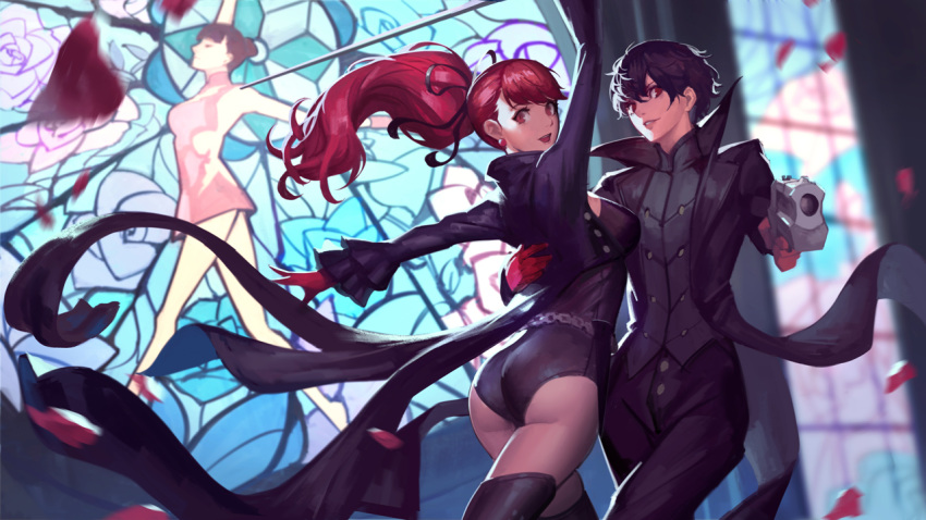 1boy, 1girl, aiming_at_viewer, amamiya_ren, arm_around_waist, arm_up, black_hair, black_jacket