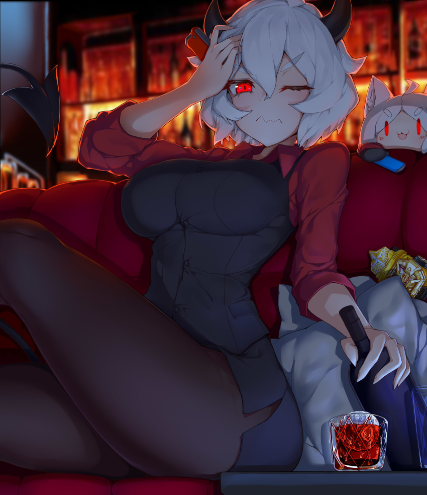 2girls, :3, absurdres, ahoge, alcohol, animal_ears, arm_up, black_horns
