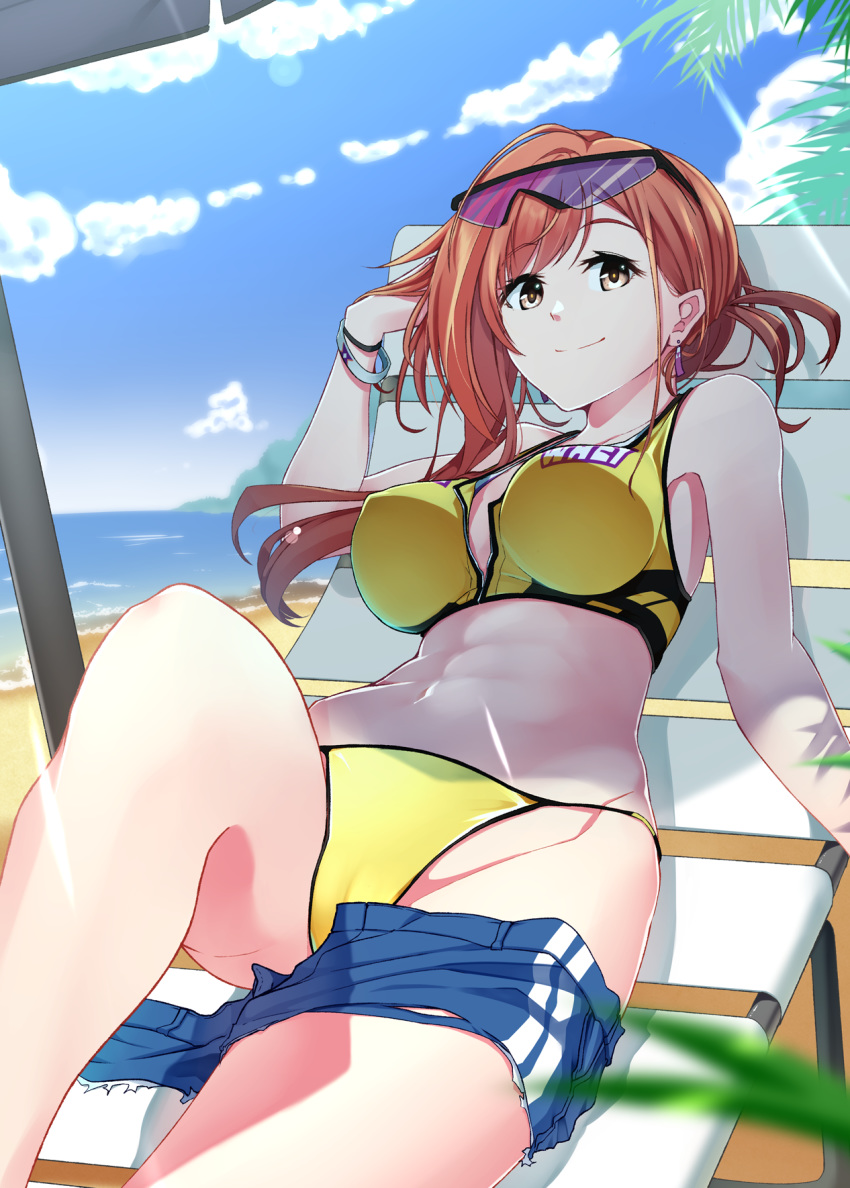 1girl, abs, arisugawa_natsuha, bangs, bare_shoulders, beach, bikini, blue_shorts