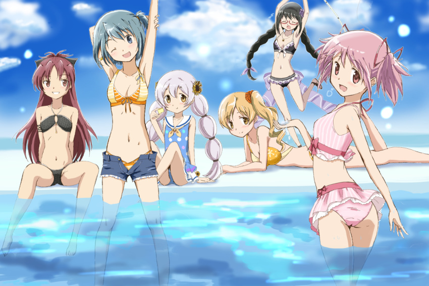 6+girls, akemi_homura, alternate_hairstyle, bikini, black_hair, blonde_hair, blue_eyes, blue_hair