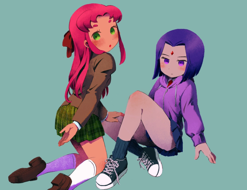 2girls, :o, alternate_costume, blue_skirt, blush, breasts, brown_footwear, brown_jacket