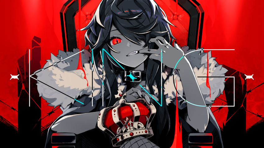 1girl, bangs, barbed_wire, black_hair, black_nails, character_request, commentary, crown