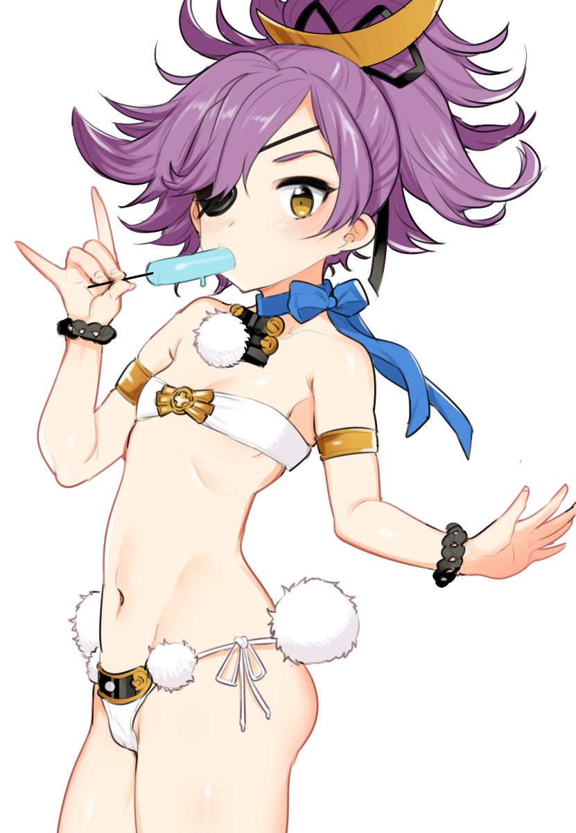 1girl, \n/, armlet, asymmetrical_bangs, bandeau, bangs, bikini, black_ribbon