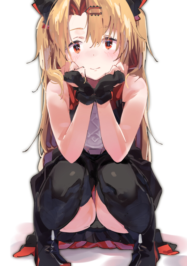 1girl, akatsuki_uni, bangs, bare_arms, bare_shoulders, black_dress, black_footwear, black_gloves