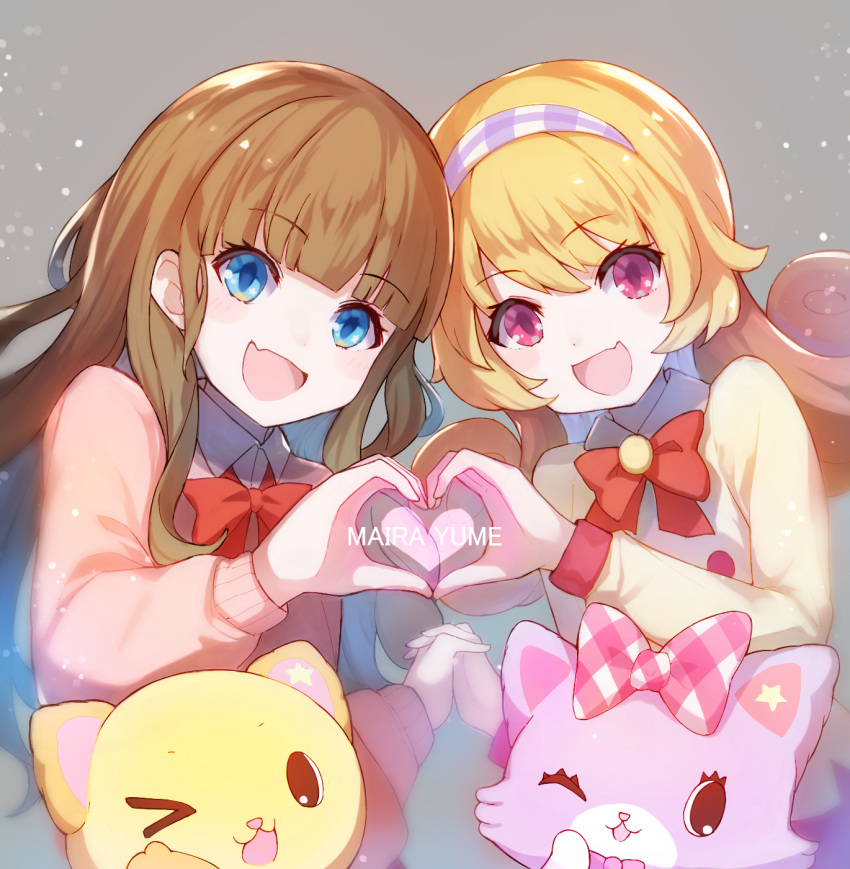 2girls, bangs, blonde_hair, blue_eyes, blush, brown_hair, cardigan, character_name