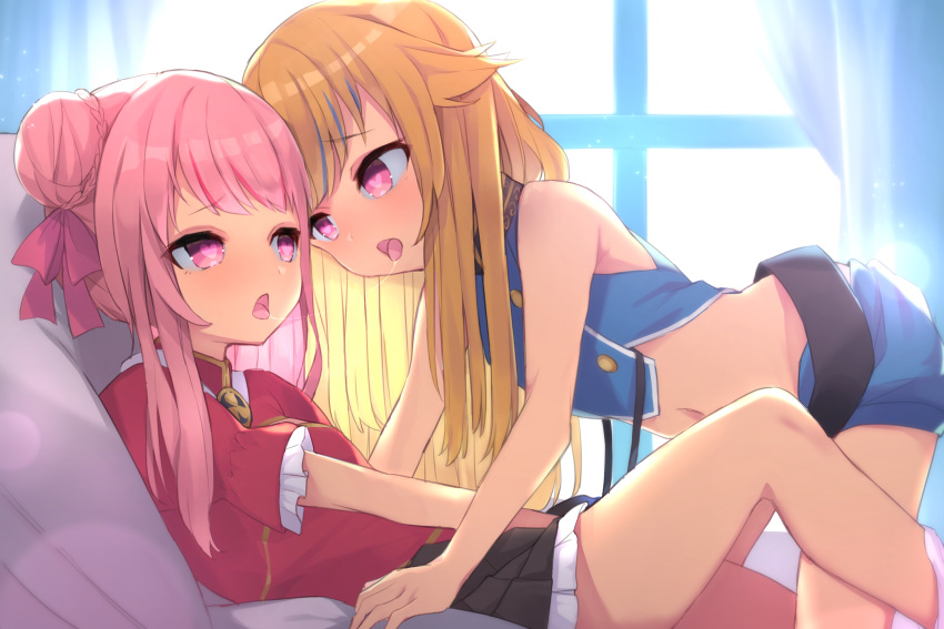 2girls, bangs, black_skirt, blonde_hair, blush, curtains, double_bun, frilled_skirt