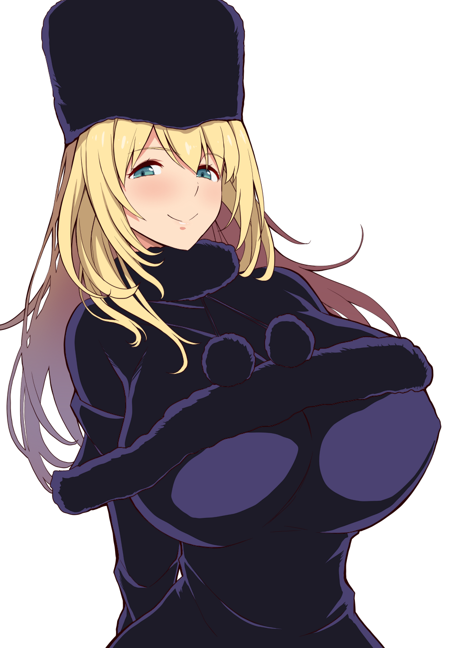 1girl, arms_behind_back, atago_(kantai_collection), blonde_hair, blue_eyes, breasts, closed_mouth, cosplay, dress, fur_hat, fur_trim, ginga_tetsudou_999, hat, highres, huge_breasts, kantai_collection, kloah, looking_at_viewer, maetel, maetel_(cosplay), simple_background, smile, solo, upper_body, white_background