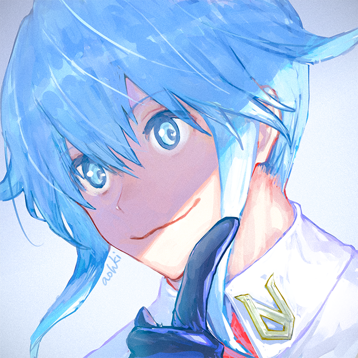 1boy, artist_name, blue_eyes, blue_hair, hair_between_eyes, index_finger_raised, looking_at_viewer, male_focus
