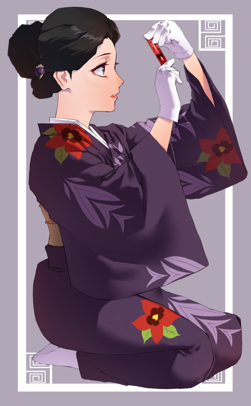 1girl, black_hair, blood, commentary_request, floral_print, gloves, hair_bun, hair_ornament