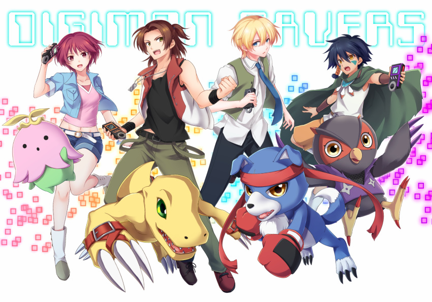 1girl, 3boys, :d, agumon, aoinu_(shuumatsugeki), bangs, bare_shoulders, belt