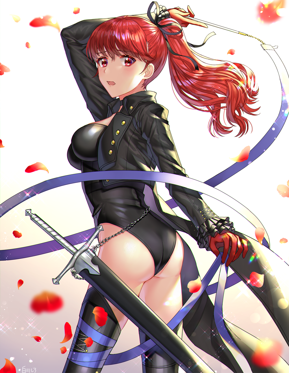 1girl, black_legwear, black_leotard, blush, boots, commentary, commentary_request, gloves, highres, leotard, long_hair, looking_at_viewer, persona, persona_5, persona_5_the_royal, petals, ponytail, red_eyes, red_gloves, redhead, shiny, shiny_hair, shirotoge, solo, standing, thigh-highs, thigh_boots, yoshizawa_kasumi