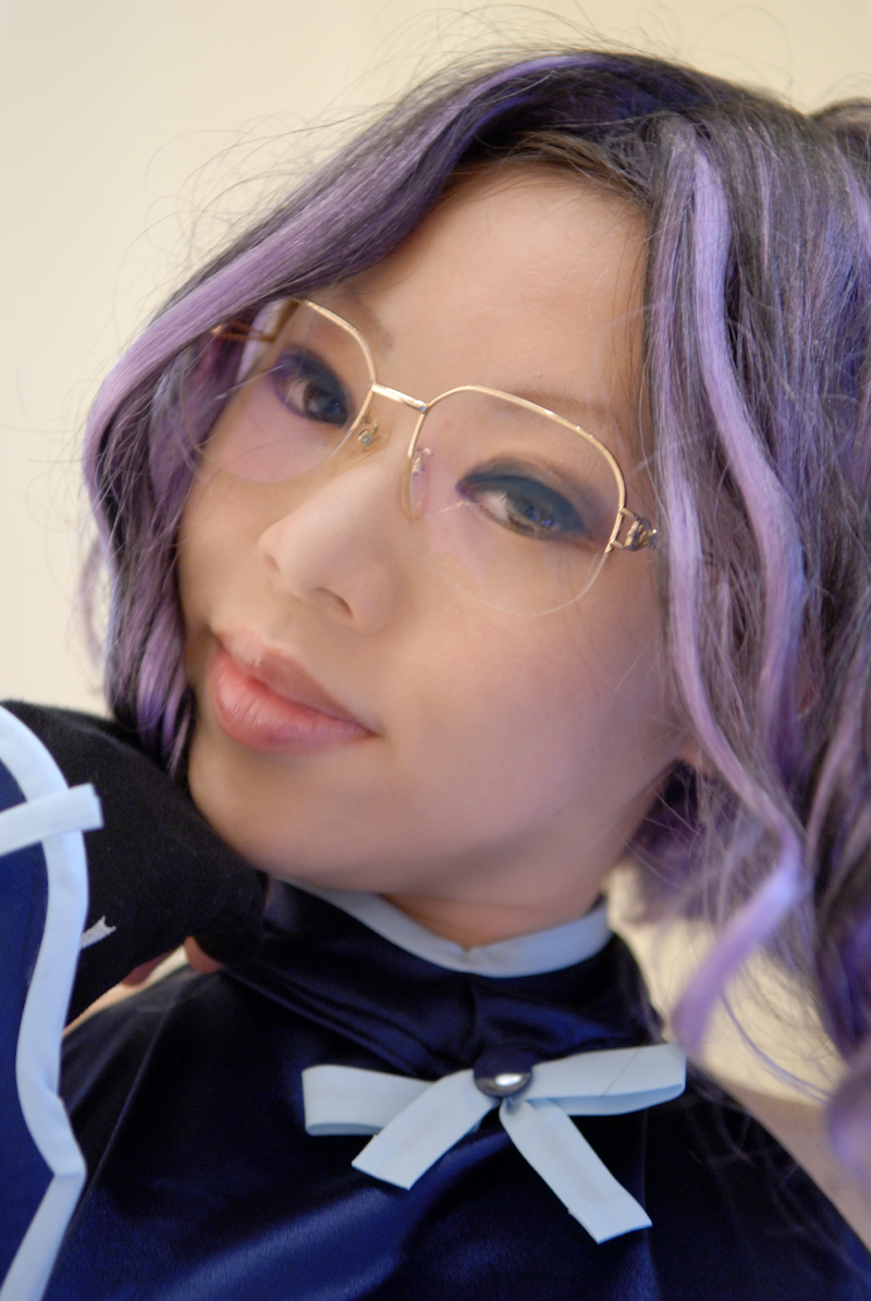 bikini_bottom, cosplay, daphne_in_the_brilliant_blue, glasses, gloves, halter_top, hayama_shizuka, nonone_karin, photo, purple_hair, thigh-highs
