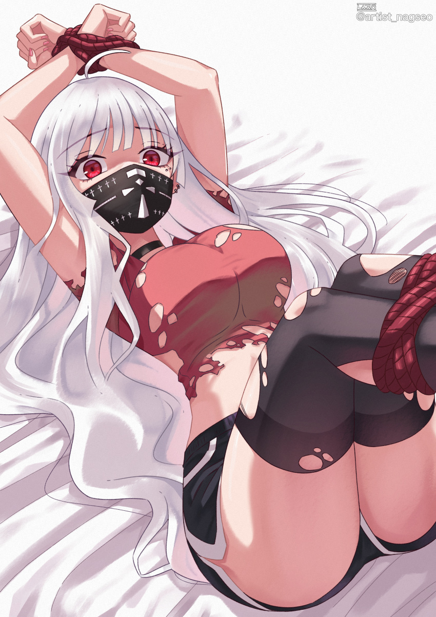 1girl, absurdres, ahoge, arms_up, artist_name, ass, bangs, bdsm