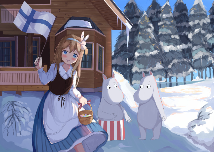 1boy, 2girls, blue_eyes, blush, easter_egg, egg, finnish_clothes, finnish_flag