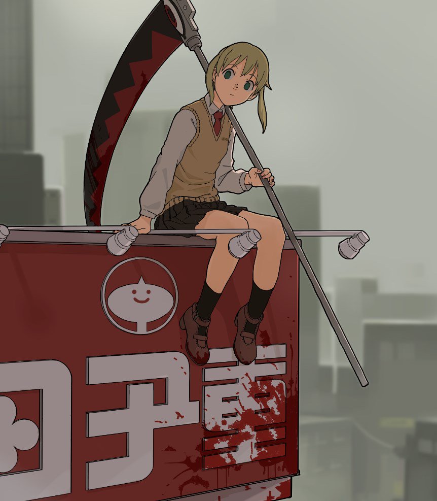 billboard, black_legwear, black_skirt, blazer, blonde_hair, blood, blood_on_shoes, blood_splatter, brown_footwear, building, city, full_body, green_eyes, jacket, long_sleeves, looking_at_viewer, maka_albarn, necktie, outdoors, red_neckwear, scythe, shima_(landsuzume), shirt, shoes, sitting, skirt, socks, soul_eater, soul_eater_(character), twintails, white_shirt