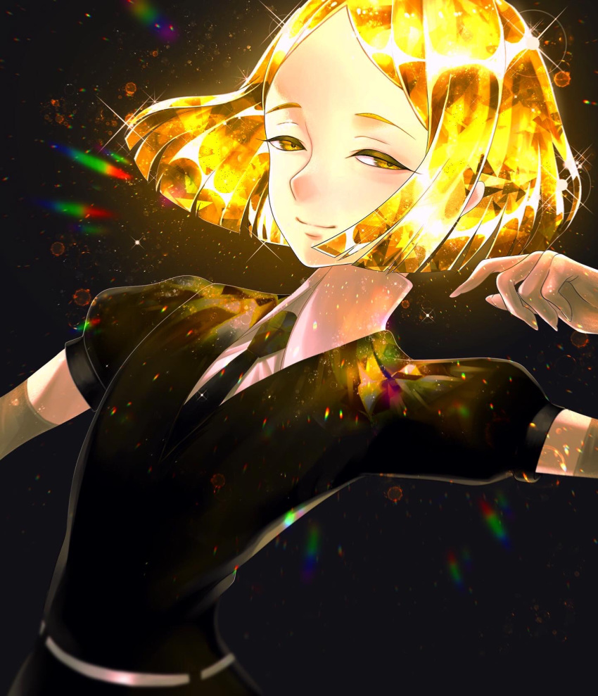 1other, akamahura, androgynous, black_shorts, blonde_hair, collared_shirt, colored_eyelashes, crystal_hair