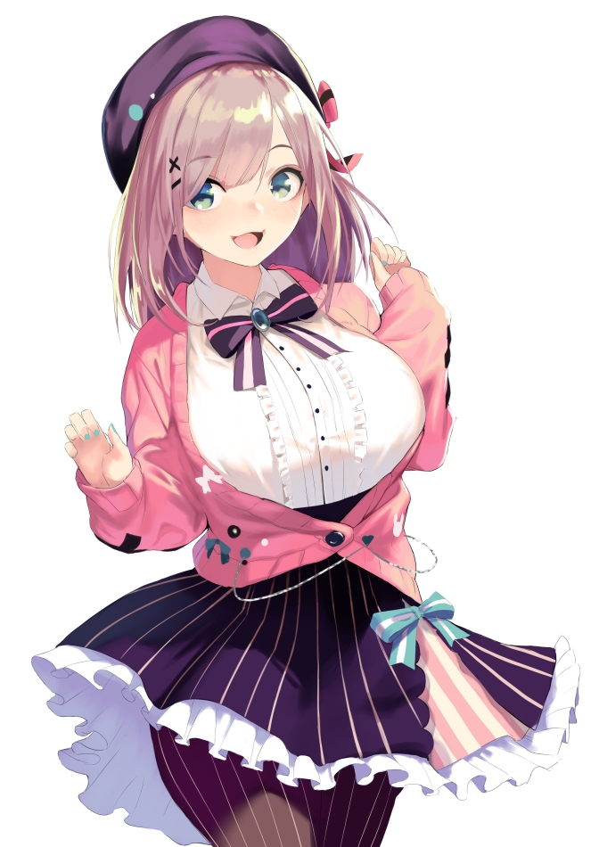 1girl, :3, aqua_nails, bangs, beret, black_legwear, bow, breasts