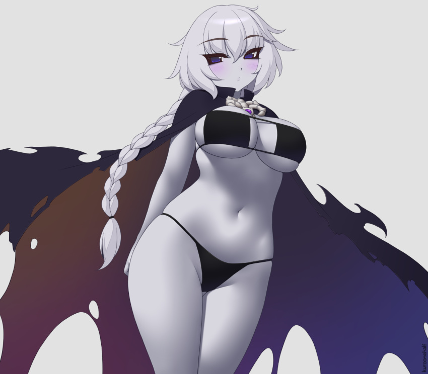 1girl, arms_behind_back, bangs, bikini, black_bikini, black_cape, blush, braid