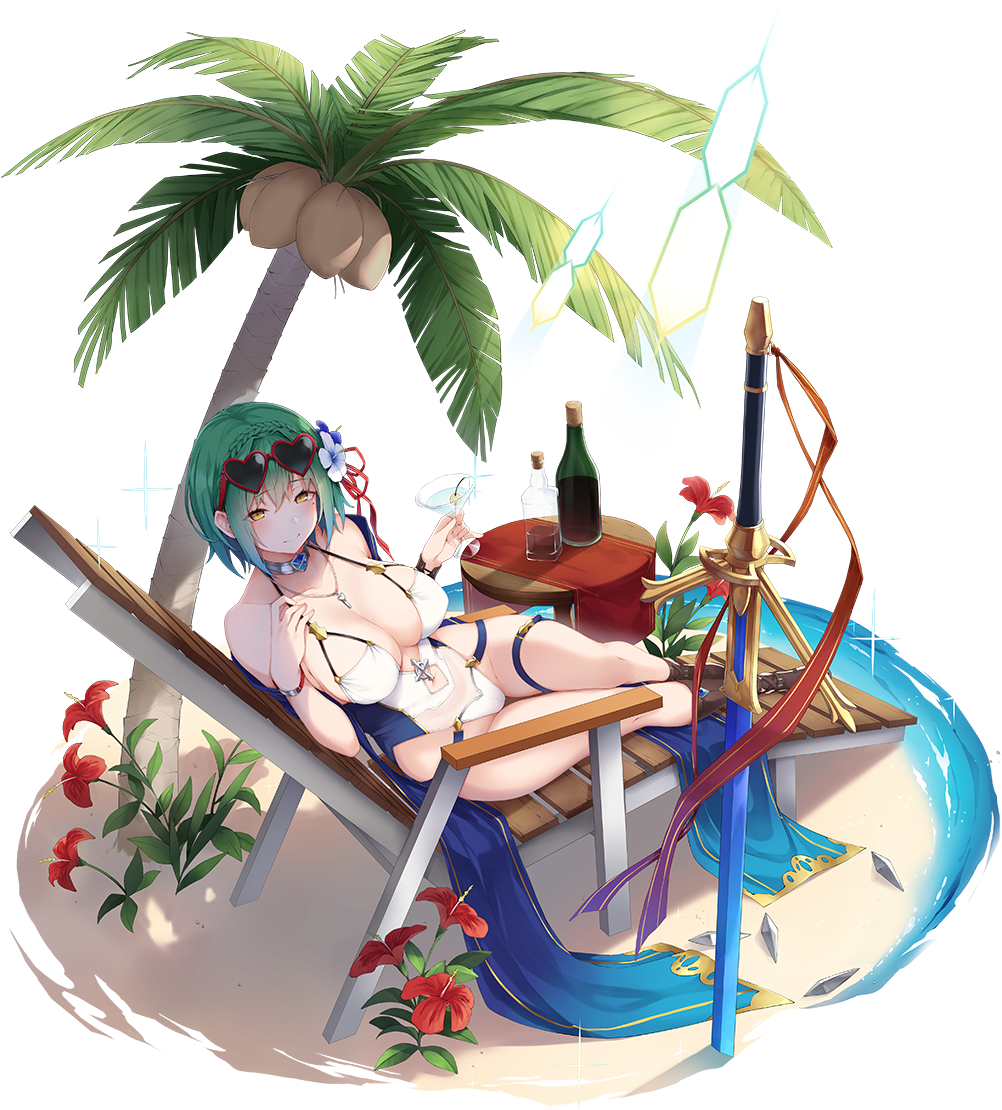 1girl, awakening_(sennen_sensou_aigis), beach, beach_chair, beach_umbrella, bottle, breasts, coconut