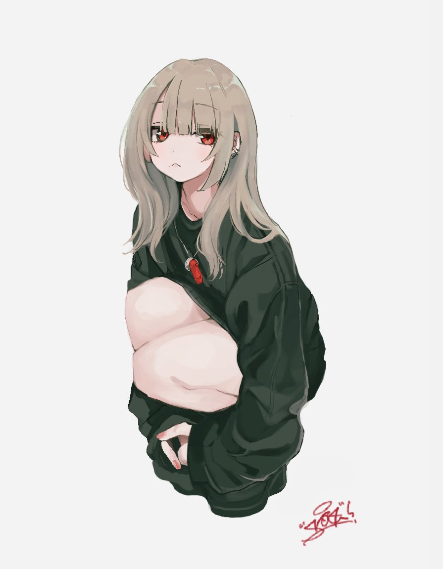 1girl, bangs, boots, collarbone, copyright_request, dog_tags, ear_piercing, earrings