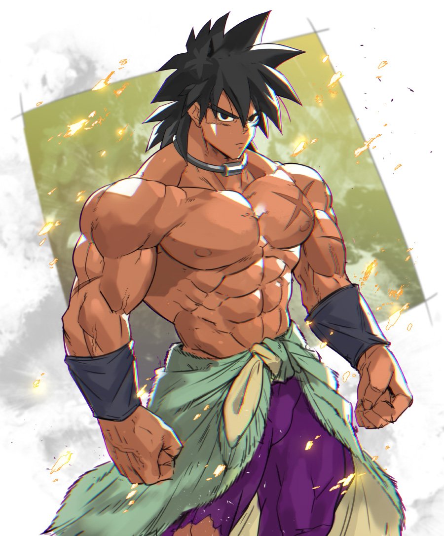 1boy, abs, bara, black_eyes, black_hair, broly, broly_(dragon_ball_super), chest