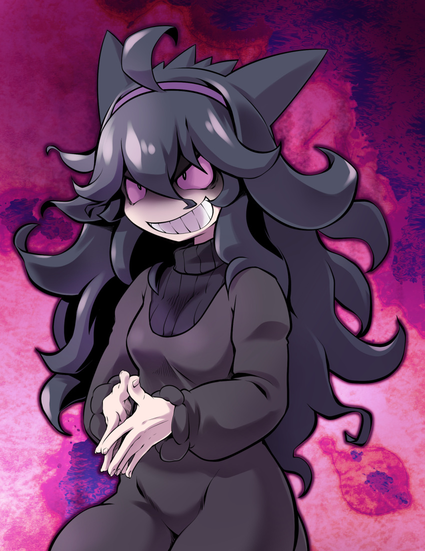 1girl, ahoge, animal_ears, bangs, black_dress, black_hair, dress, evil_eyes