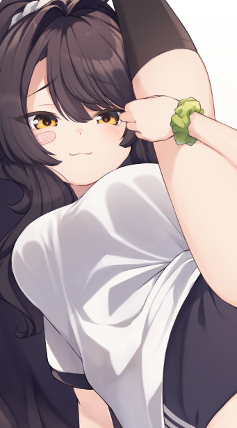 1girl, bangs, black_buruma, black_hair, blush_stickers, breasts, buruma, closed_mouth
