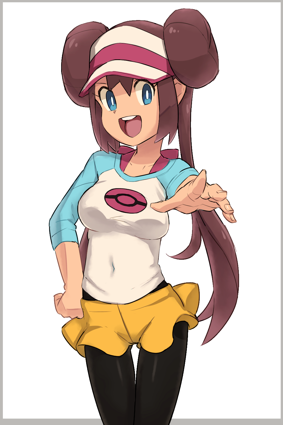 1girl, :d, bangs, black_legwear, blue_eyes, blue_sleeves, breasts, brown_hair