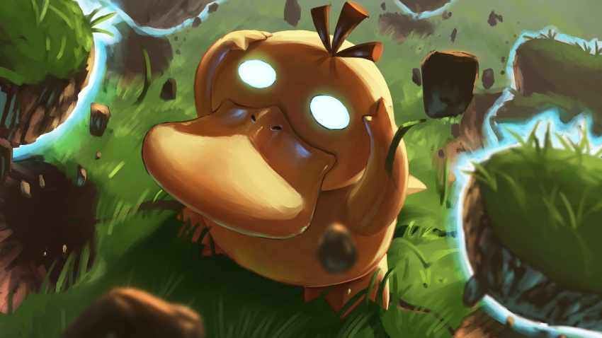 arms_up, bird, closed_mouth, commentary_request, duck, from_above, gen_1_pokemon, glowing