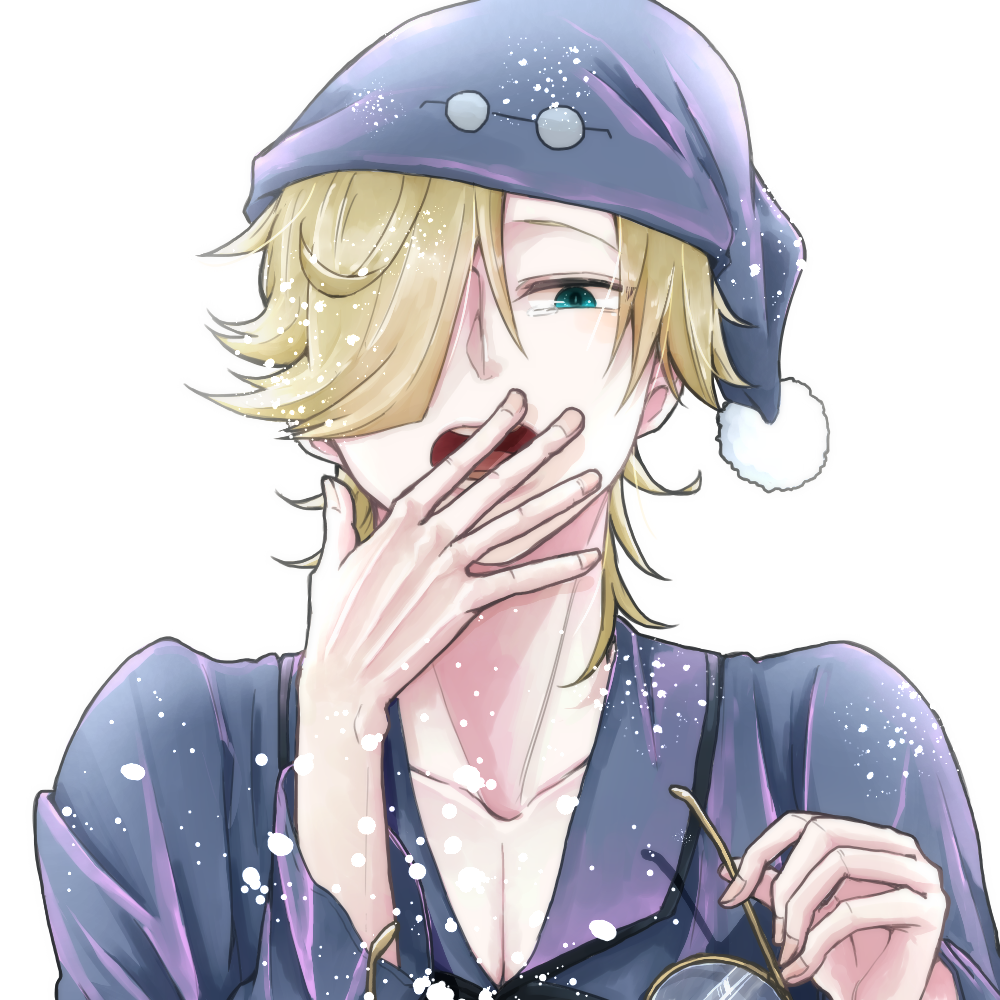 1boy, agravity_boys, blonde_hair, blue_eyes, blue_headwear, eyewear_removed, geralt_zeman, hair_over_one_eye, hand_up, hat, male_focus, nightcap, pajamas, solo, upper_body, white_background, yawning, yuiyui-sougo