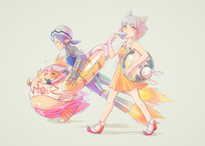 >_<, 1boy, 2girls, :d, android, animal_ears, animal_print, ball