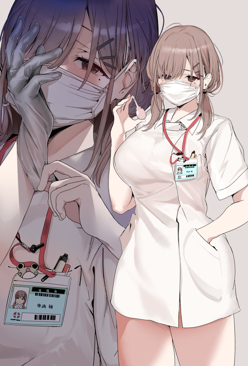 1girl, bangs, brown_eyes, brown_hair, dress, gloves, grey_background, hair_ornament