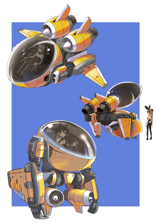 animal_ears, bunny_girl, bunnysuit, controller, glass_cockpit, jet_engine, joystick, katahira_masashi, mecha, original, rabbit_ears, standing, tagme