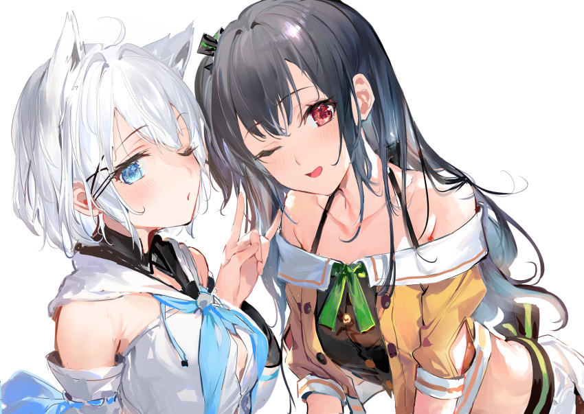 2girls, ahoge, animal_ears, aqua_neckwear, black_camisole, black_hair, black_legwear, blue_eyes
