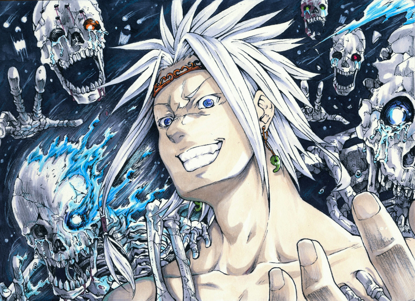 1boy, bleeding, blood, blue_eyes, blue_fire, bullet_hole, circlet, collarbone