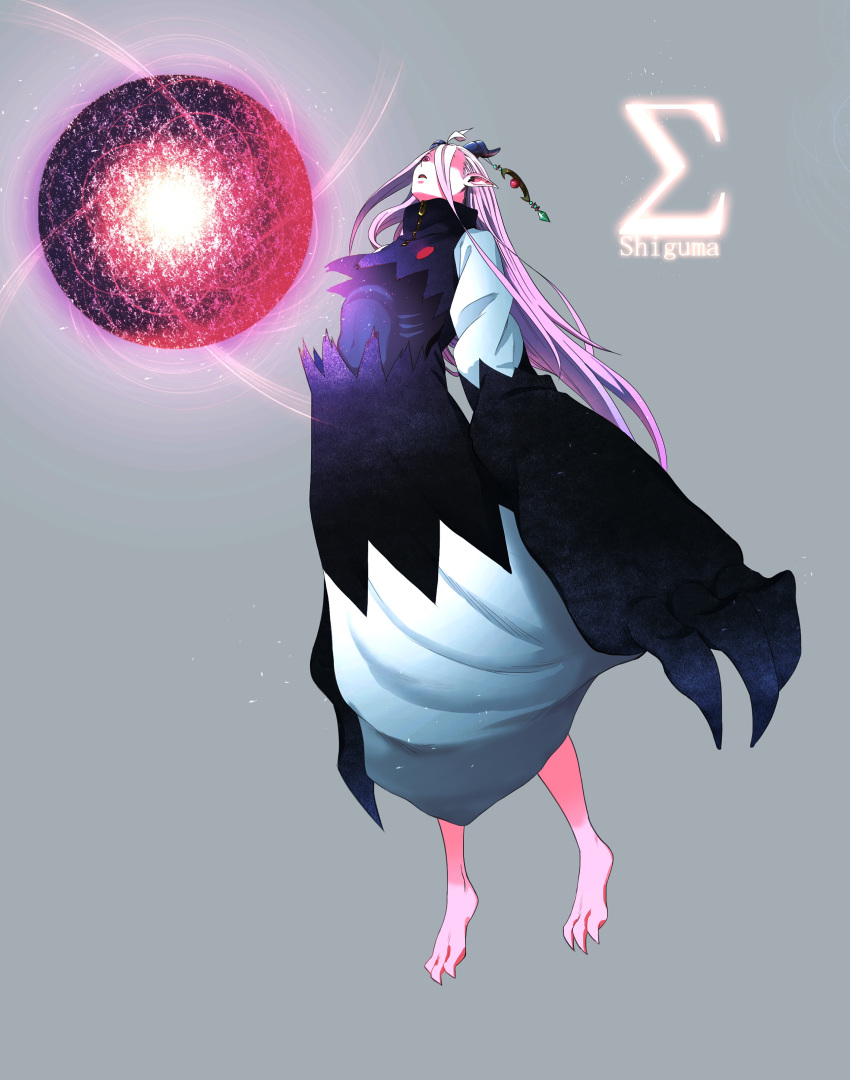 1girl, absurdres, ahoge, barefoot, chest_mouth, claws, covered_navel, demon_girl